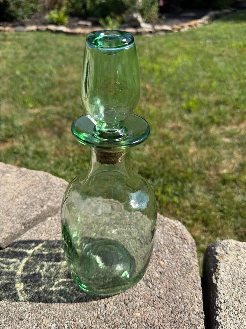 Vintage Green Bourbon Decanter, Faded Etched Duck/Hunting Dog. Original Stopper.